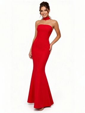 Liv Foster Red Bonded Crepe Strapless Mermaid Formal Gown w/ Choker – Size 0